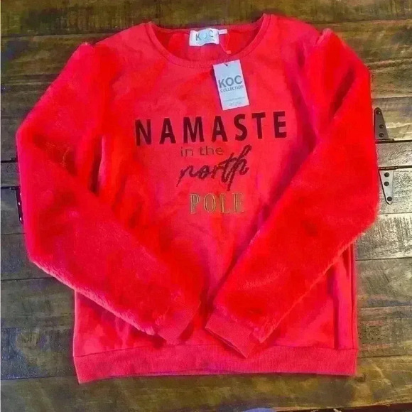 Red KOC Faux Fur Sleeved Top, Soft Sweatshirt, Christmas, Namaste in the N Pole - Picture 1 of 5